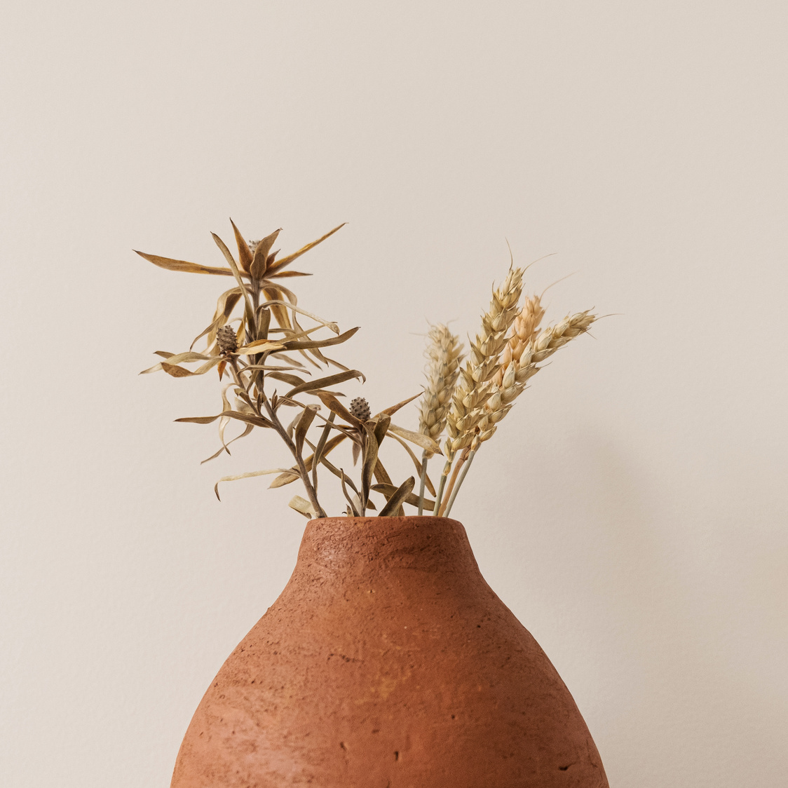 Clay Vase with Dried Wheat and Brown Leaves 
